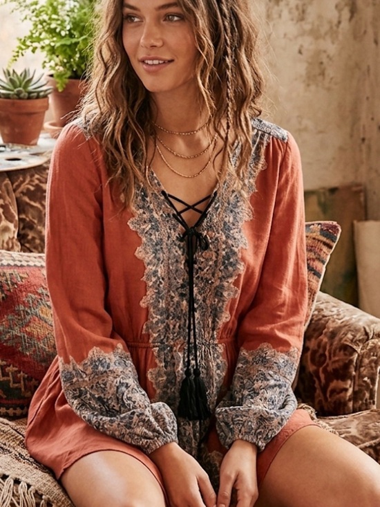 Free People Tops - Free People Wildest Moment Rust Paisley Lace-Up Tunic Large Boho Romantic